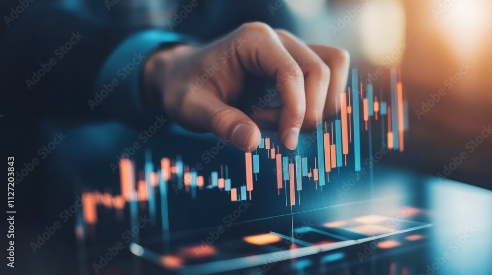 Poster Businessman using interactive screen to analyze financial data, visualizing stock market trends and investment opportunities