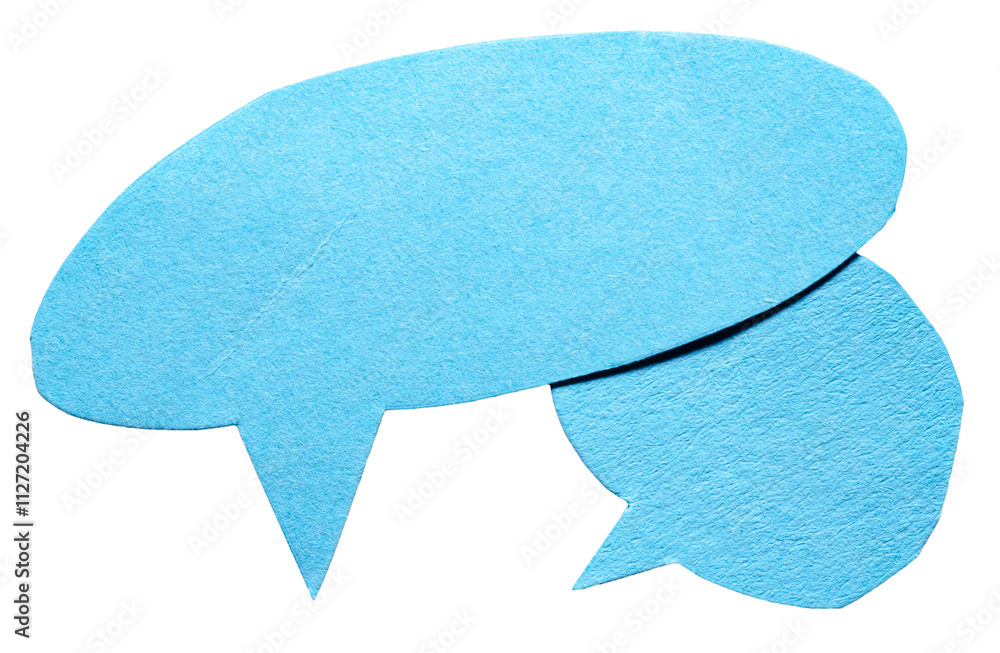 Poster two blue blank cut out cardboard paper speech bubbles with rough edges and copy space for text on tr