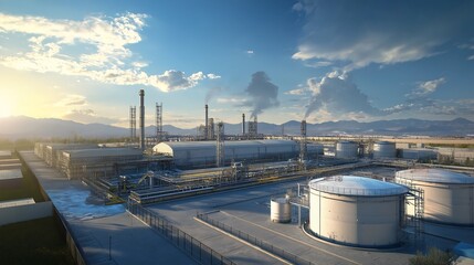 Obraz premium Large storage tanks at a fuel refinery, clean and organized industrial setting.