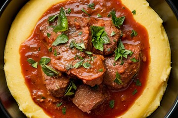 a bowl of creamy yellow polenta topped with a rich, red sauce containing cooked chunks of beef meat