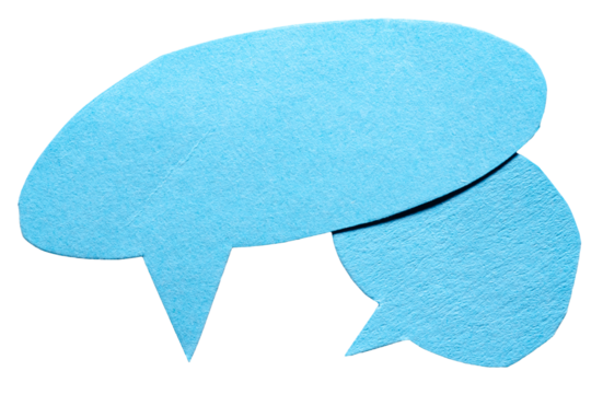 Two blue blank cut out cardboard paper speech bubbles with rough edges and copy space for text on transparent png background design element
