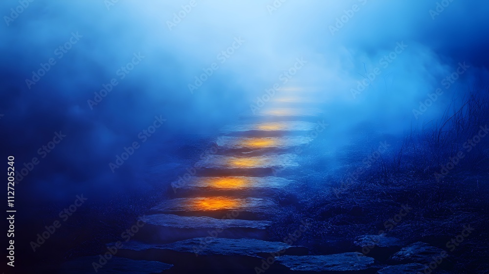Poster Mystical pathway illuminated by soft lights in a foggy landscape, creating an enchanting atmosphere for fantasy or adventure-themed projects.