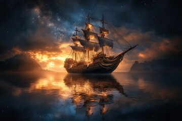 Fototapeta premium Majestic sailing ship on a serene ocean at sunset under a starry sky, reflecting beautifully on the calm water.