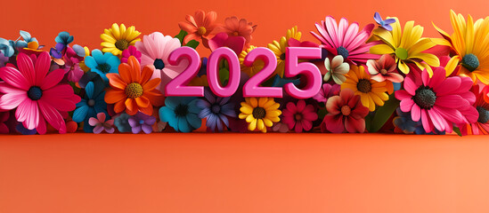 Text 2025 made with 3D flowers, displayed at a dynamic perspective angle.