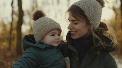 Obraz premium A joyful moment between a mother and her child outdoors in autumn.
