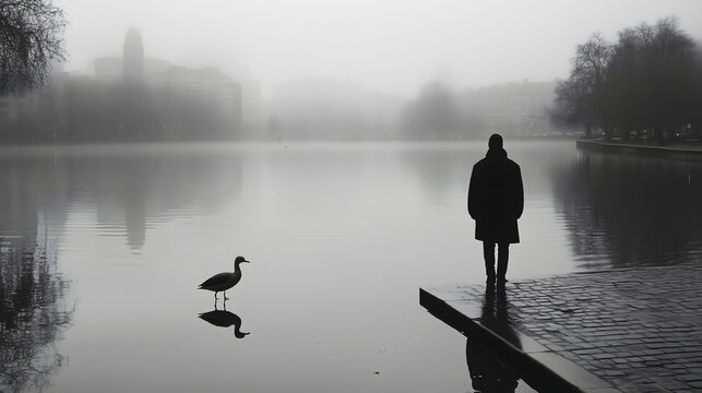 Silhouette of a man standing by a foggy lake with a bird nearby, evoking solitude and calm.