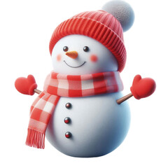 A charming 3D-rendered snowman dressed in a cozy red hat and scarf, ready to bring holiday cheer and winter wonder to your designs.