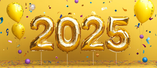 3D golden 2025 balloons with confetti on a yellow background.