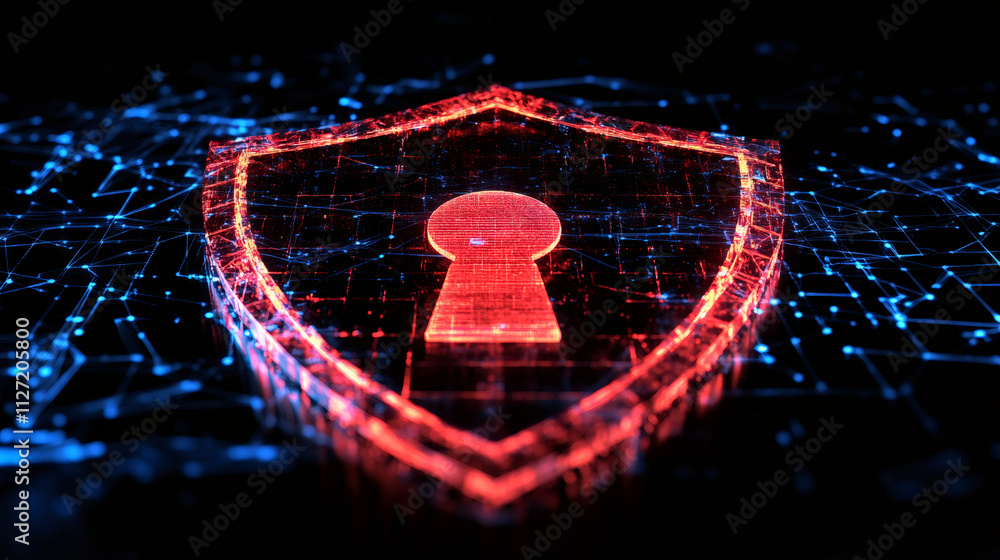 Poster cybersecurity concept: red glowing shield with keyhole safeguarding sensitive data on blue circuit b