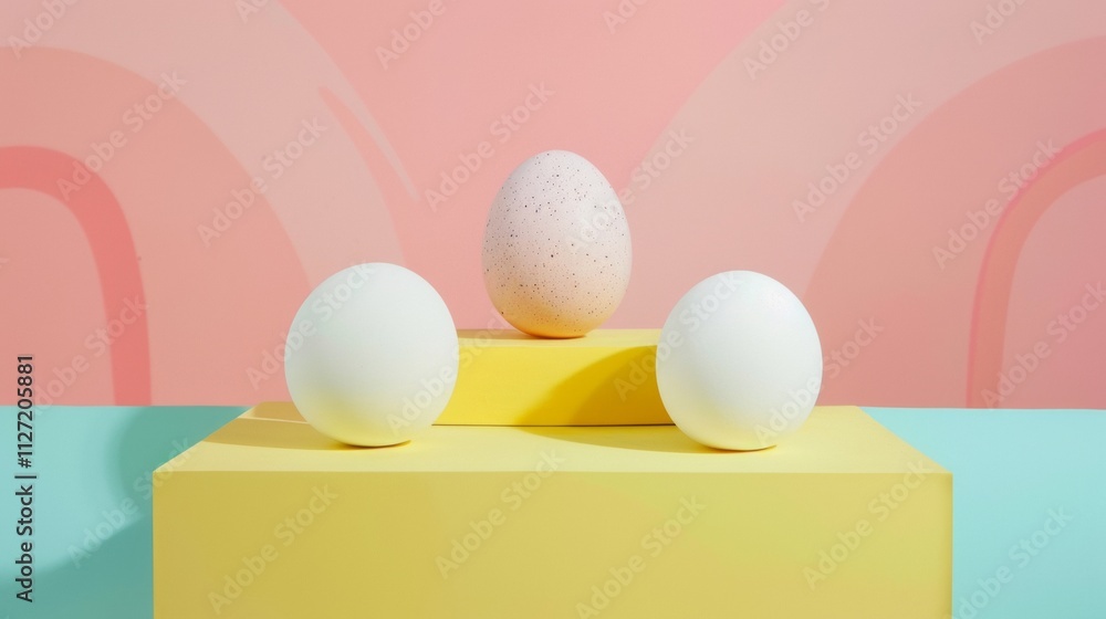Poster minimalist display of eggs on a colorful geometric backdrop