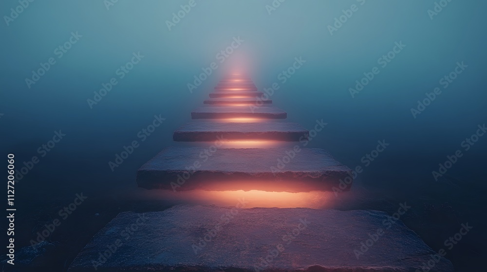 Poster ethereal pathway in fog featuring illuminated stone steps leading into a mystical infinity, invoking