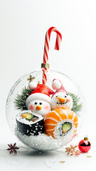 A festive glass ornament contains vibrant sushi rolls, surrounded by snowy pine branches and delicate snowflakes. This artistic winter display exudes elegance and culinary creativity