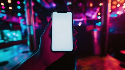 POV shot of a smartphone held in a hand with a blank white screen, centered against vibrant and colorful club lights in a dynamic nightlife scene.