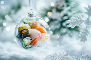 A festive glass ornament contains vibrant sushi rolls, surrounded by snowy pine branches and delicate snowflakes. This artistic winter display exudes elegance and culinary creativity