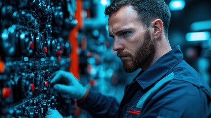 A focused technician meticulously adjusts complex controls in a dimly lit environment, showcasing precision in a technical setting.