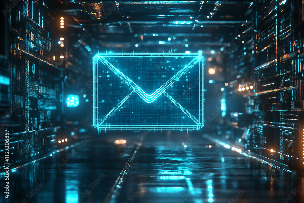 Aufkleber digital representation of an email symbol in a futuristic corridor setting. generative ai