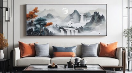 Serene landscape painting above a modern sofa.