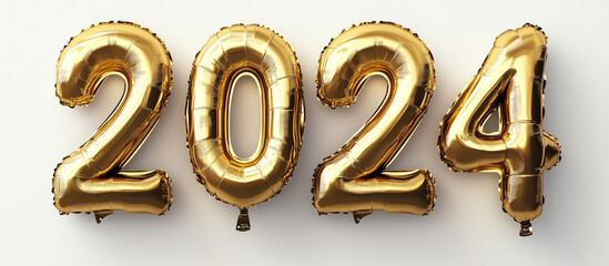 Golden 2024 balloons in 3D on a clean white backdrop.