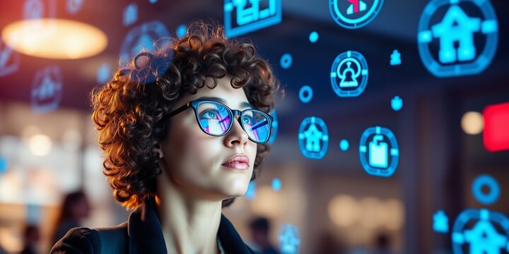 Young Woman Analyzing Digital Data with Smart Glasses in a High-Tech Environment - Powered by Adobe