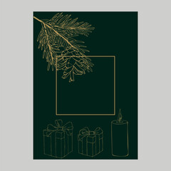 A Christmas card. Vector illustration on a dark green background with golden branches of a Christmas tree.
