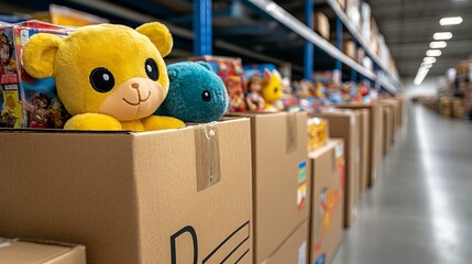 A cheerful yellow teddy bear and a blue plush toy peek out from cardboard boxes in a colorful toy warehouse setting.