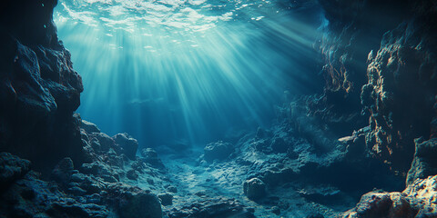Underwater blue ocean with sunlight and undersea scene