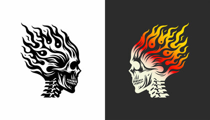 A silhouette of a flaming skull head On white background. A fiery skeleton face tribal tattoo Illustrations.