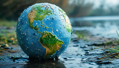 Crying soggy planet earth globe, polluted environment, environmental world earth day awareness,...