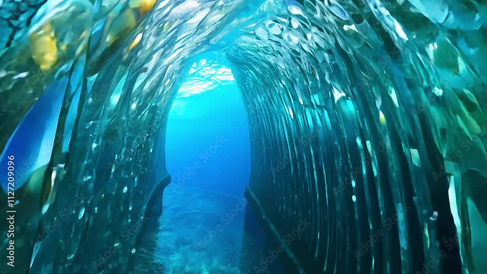 Poster tracking video with sway glides through a submerged crystal tunnel with light dancing on shallow wat