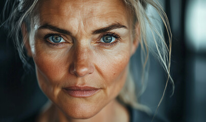 Empowered woman portrait gym her face expressing determination, photography fitness environment close-up strength and resilience concept and showing that strength has no age.