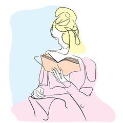 Minimalist Pastel Illustration of a Girl Immersed in a Book Line Art Design