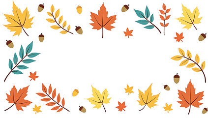 Autumn leaves, colorful foliage, oak leaf, maple leaf, acorns, stars, whimsical illustration, flat design