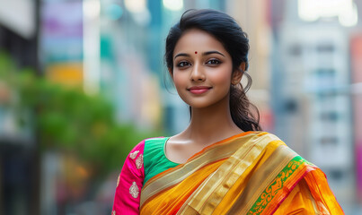 Smiling young woman in in a brightly colored attire sari, confidently walking urban street modern cityscape. portrait photography colorful environment close-up cultural identity