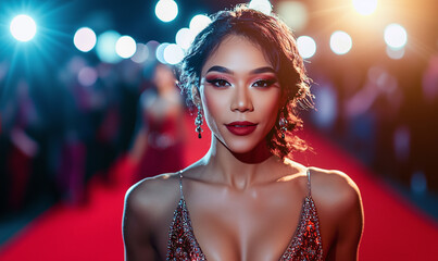 Glamorous fashion event featuring stunning LGBTQ+ transgender woman confidently walking down a red carpet event,  in red dress at vibrant evening gala.