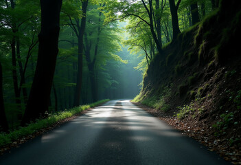 Obraz premium Sunlit road winding through a lush green forest, creating a serene and mystical atmosphere.