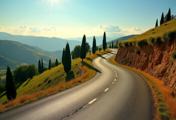 Obraz premium A scenic winding road through rolling hills, lined with tall cypress trees under a bright sun.