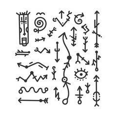 Ancient arrows set. Hand drawn vector illustration. Sketch style drawing.