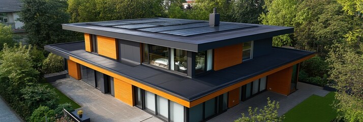 Fototapeta premium A modern house features a sleek design with solar panels installed on the roof