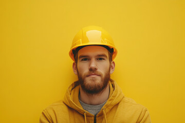 A young man in a yellow hard hat and hoodie poses against a bright yellow background.