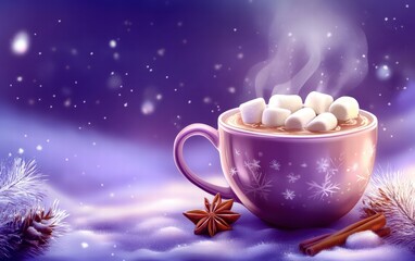 Obraz na płótnie Canvas A cup of steaming cocoa with marshmallows and cinnamon on christmas background