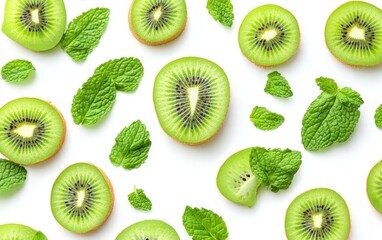Fototapeta premium A green smoothie with slices of kiwi and mint leaves on bright and clean white background