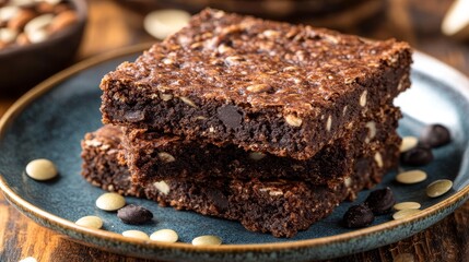 A close-up of stacked chocolate brownies on a plate, garnished with chocolate chips.