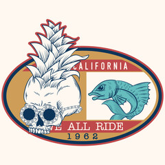 Illustration of a skull with sunglasses and a pineapple arrangement in its hair, a design with palm tree and fish decorations, texts, and ornaments that are in the style of a vacation beach for going 