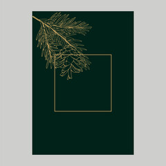 A Christmas card. Vector illustration on a dark green background with golden branches of a Christmas tree.
