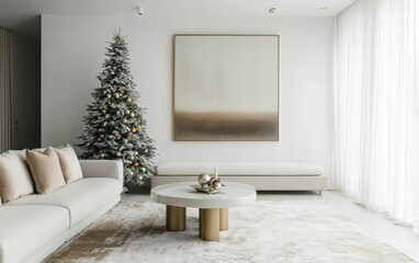 A minimalist holiday interior with a modern Christmas tree and sleek decor in white and gold tones