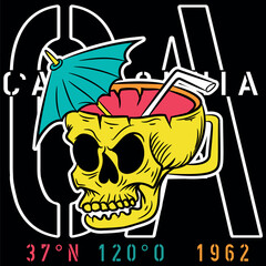 Illustration of a skull with a vacation mug with an umbrella and a margarita cocktail to enjoy the sun and the beach with texts about different beaches and with geometric shapes with summer colors.