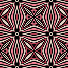 Retro-inspired abstract design with striped geometric elements and wavy red, pink, white, and black lines. Contemporary art deco. Seamless repeating pattern. Vector illustration.