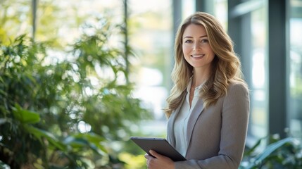 Fototapeta premium Confident Businesswoman Smiling in Office Surrounded by Green Plants