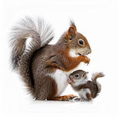 Obraz premium Generated imageécureuil, maman, bébé, animal, rongeur, mammifère, joli, faune, rouge, nature, animal, queue, sauvage, fourrure, mangeant, noix, arbre, gris, parc, brun, poilu, arachide, petit, isolé, 