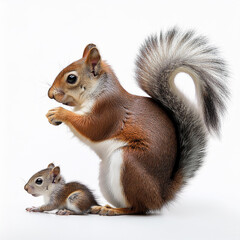 Obraz premium Generated imageécureuil, maman, bébé, animal, rongeur, mammifère, joli, faune, rouge, nature, animal, queue, sauvage, fourrure, mangeant, noix, arbre, gris, parc, brun, poilu, arachide, petit, isolé, 
